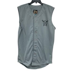 Hand Printed Mens Medium Bat Ball Button Down Sleeveless Baseball Jersey Shirt